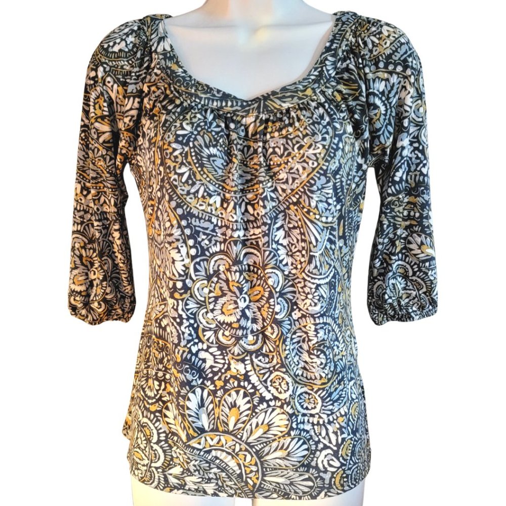 Liz & Co. Women's Top 3/4 Sleeves Blue/Mustard Colour Pattern Size Small (EUC)